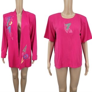 City Girl Vintage 80s Women's Hot Pink Geometric Embroidered Top and Blazer